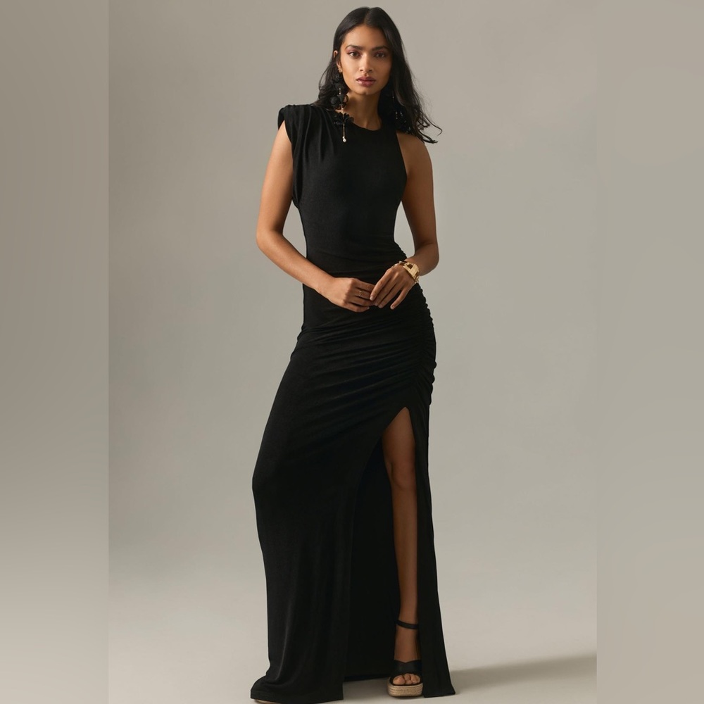 Misha Anthropologie Black Side Ruched Asymmetrical Maxi Dress with Slit NWT XL